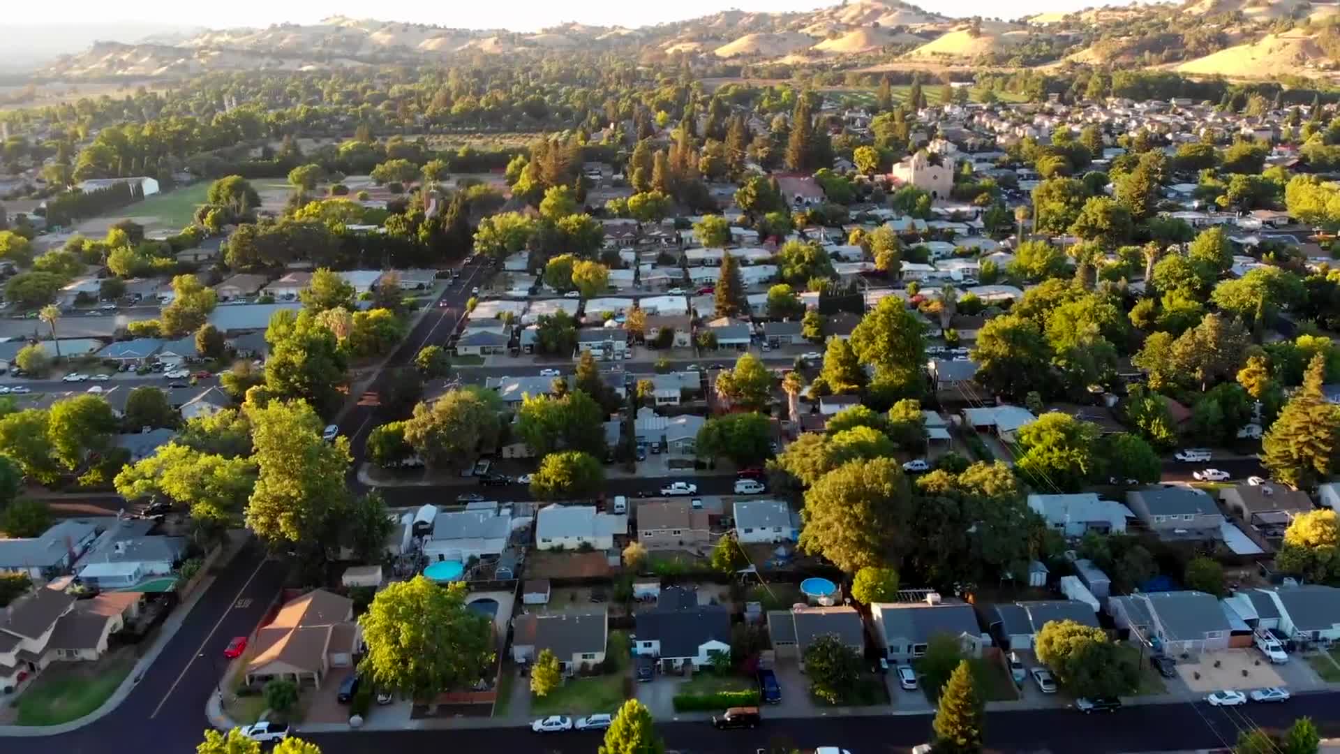 Aerial view of a Central California neighborhood